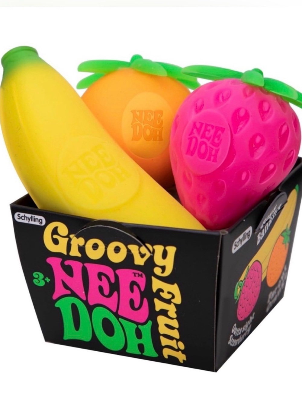 Needoh Groovy Fruit Squishy Stress Toys - Banana, Orange & Strawberry